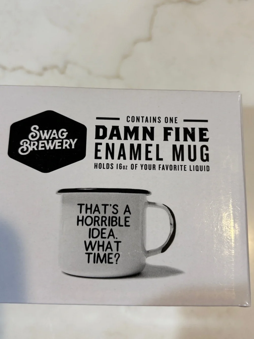 Swag Brewery White Enamel Mug - "That's A Horrible Idea. What Time?" 16 OZ NIB - Picture 4 of 4